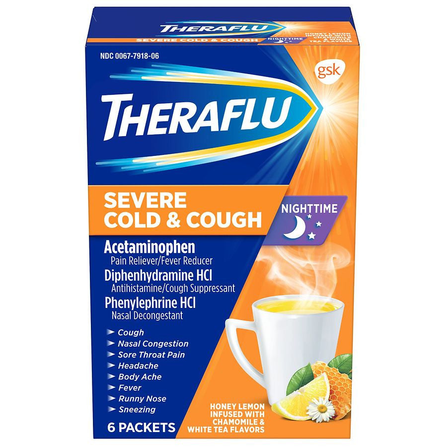 Theraflu Nighttime Severe Cold & Cough Packets, Honey Lemon, Chamomile & White Tea Flavors, 6 Ea